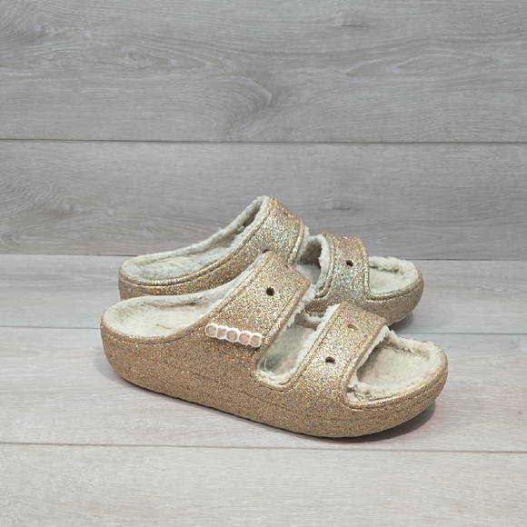 CROCS Women Gold  Glitter Slippers Platform Sandals Shoes Sz 9 - Picture 1 of 13